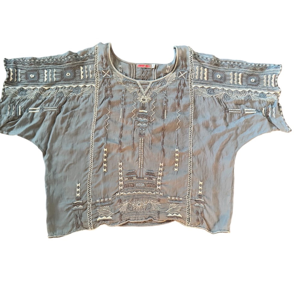 Johnny Was Gray Embroidered Blouse